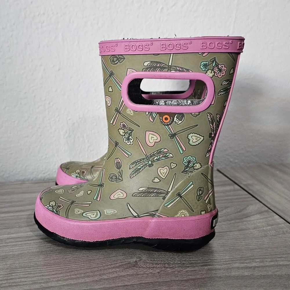 Bogs Skipper Rain Boots Gray Pink Dragonfly Little Kids US 8 Outdoor Waterproof